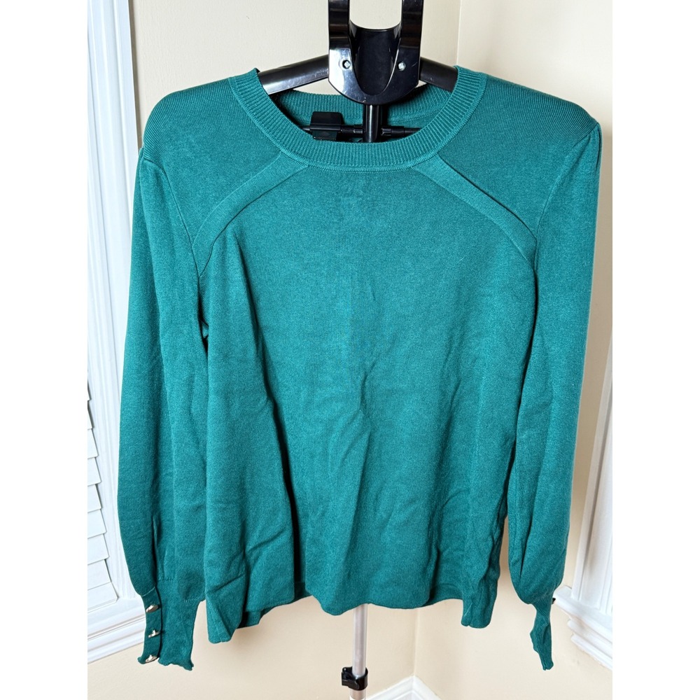 41 Hawthorn Womens XL Green Teal Crewneck Sweater Gold Button Cuff Puff Sleeve